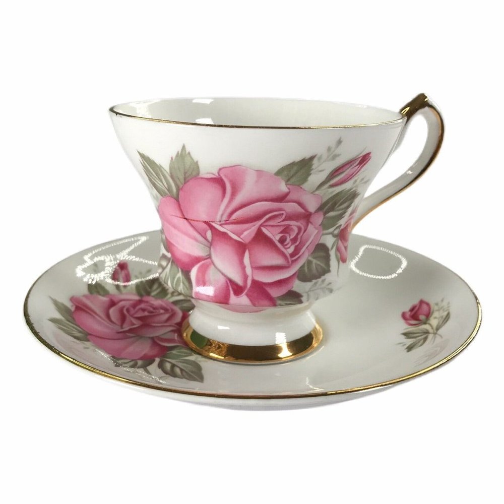 Windsor Bone China England Tea Cup & Saucer Cabbage Rose Bud Pink Gold Trim